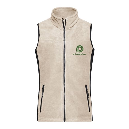 Beige fleecevest voor dames met volledige ritssluiting en zakken.
