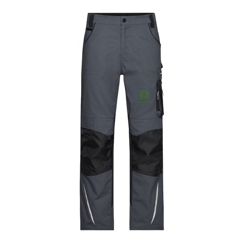 Donkergrijs/zwarte werkbroek van polyester-katoenmix met meerdere zakken.