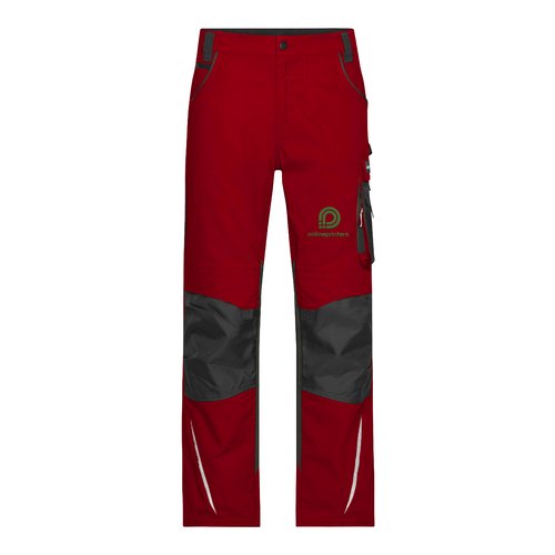 Rode werkbroek van polyester-katoenmix met zakken.