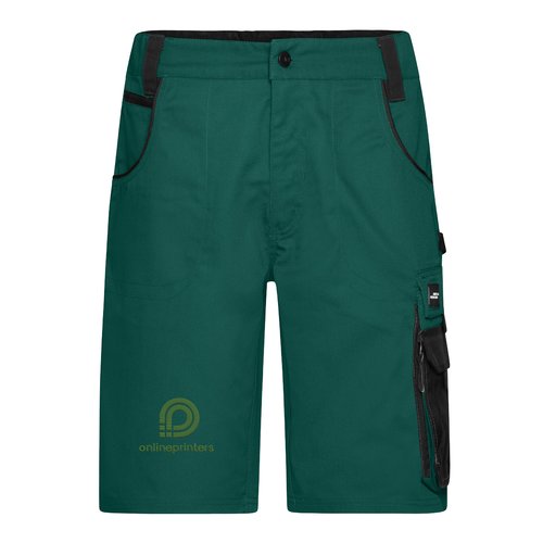Groene werkshort van duurzaam materiaal met meerdere zakken.