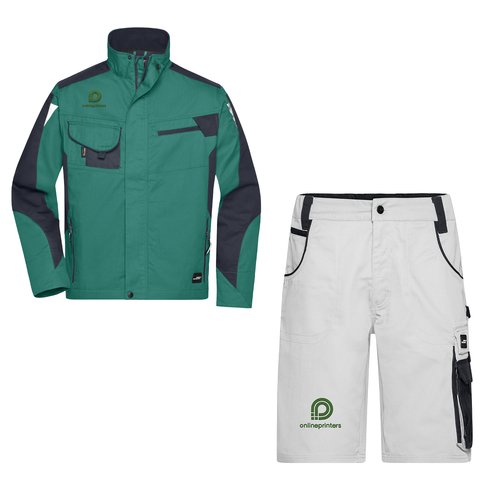 Groene en witte werkkleding met zakken.