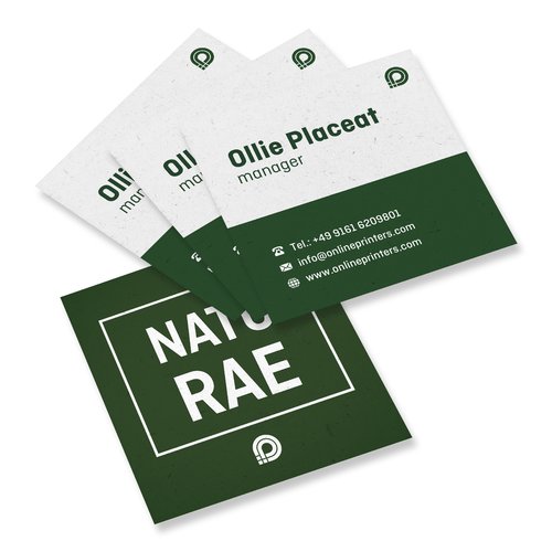 Natuurlijke visitekaartjes van ecologisch papier, dubbelzijdig bedrukt.