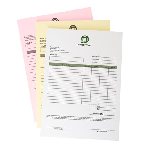 Stapels zelfdoorschrijvende sets in portretformaat met roze, geel en wit papier