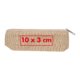Beige stoffen etui met ritssluiting.