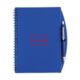 Blauw notitieboek met spiraal en penhouder.