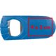 Blauwe plastic flessenopener met metalen inzetstuk.
