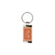Houten sleutelhanger met metalen rand en ring.
