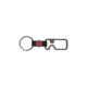 Zwarte lederen sleutelhanger met metalen ring en flesopener.