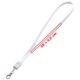Witte polyester lanyard met karabijnhaak en universele oplaadkabel.