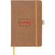 Bruin notitieboek met elastische sluiting en bladwijzer.