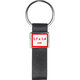 Zwarte lederen sleutelhanger met metalen ring.